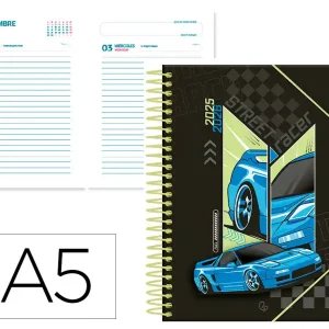 AGENDA ESCOLAR LIDERPAPEL 25-26 ESPIRAL CARS AZUL DIA PAGINA A5 BILINGÜE